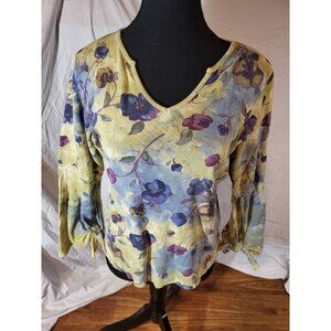 Oneworld Size M Boho Bell Sleeve Floral Top Cotton Y2K